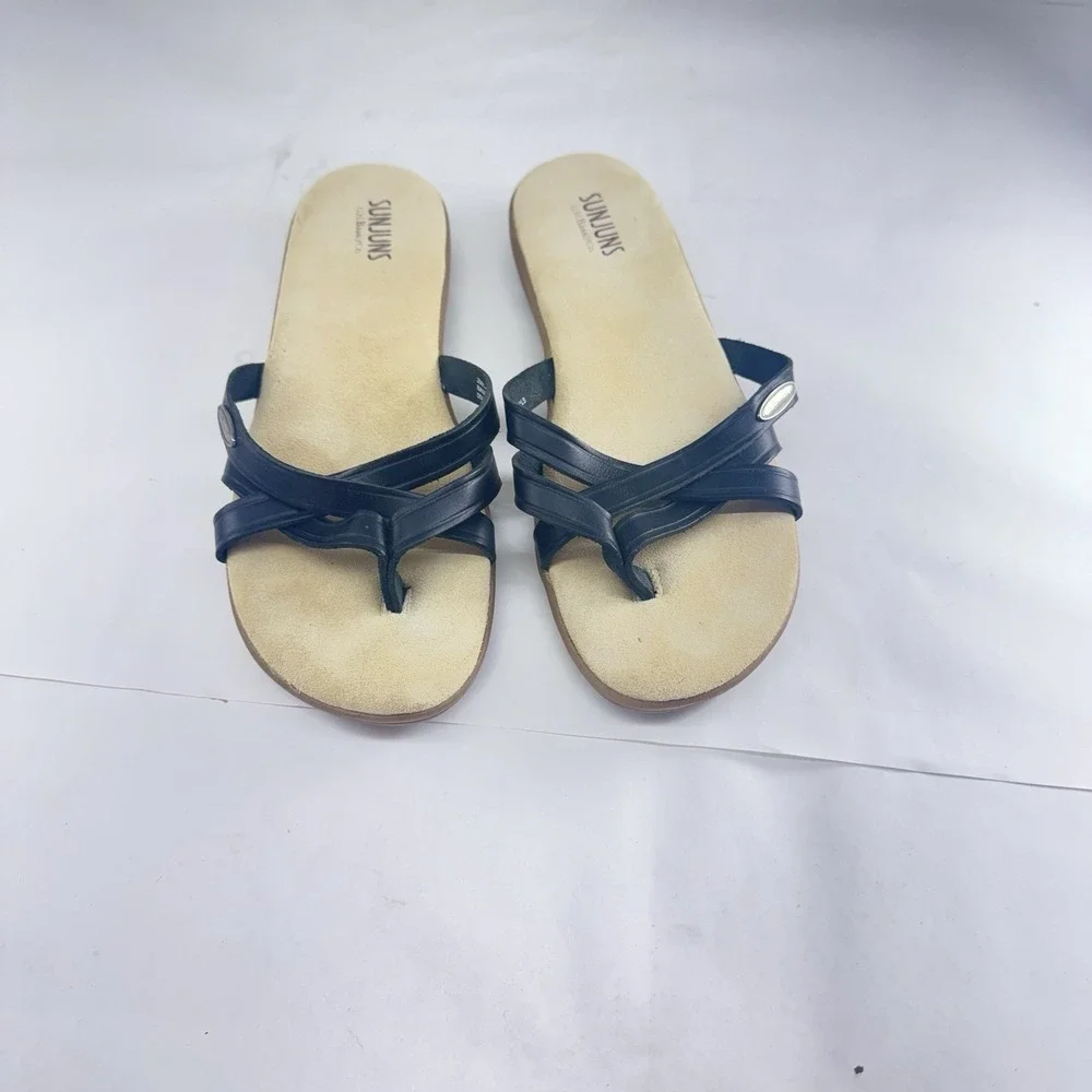 Bass Sunjuns Womens Black Leather Slip On Thong Sandals 9M